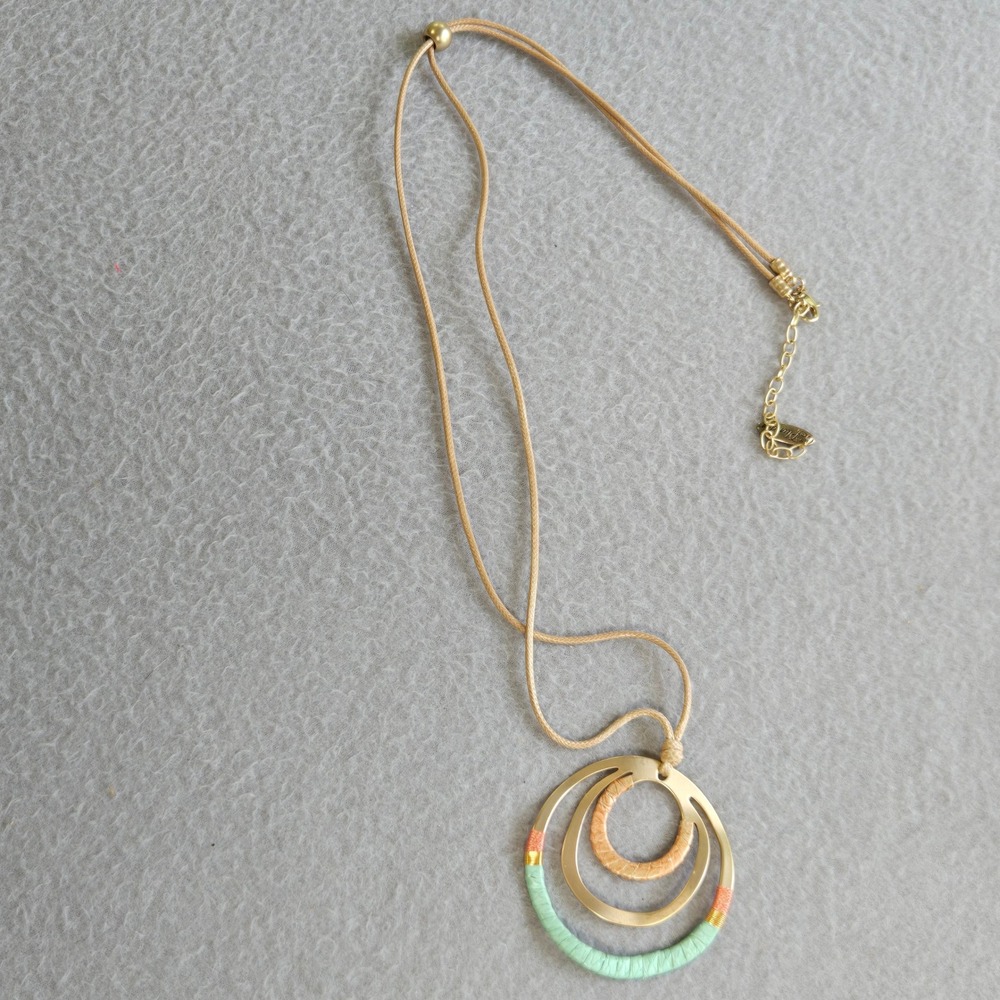 Plunder Design Pendant Necklace Womens OS Gold Mint Orange Raffia Triple Circle